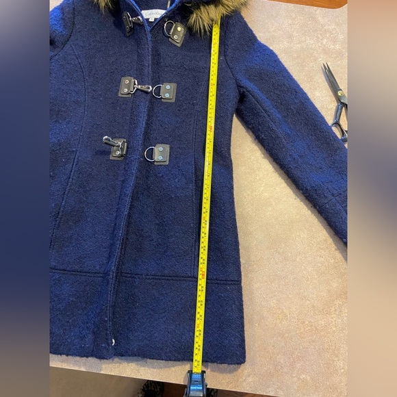 Calvin Klein Blue Faux Fur removable hood coat Size 2 - Picture 5 of 8